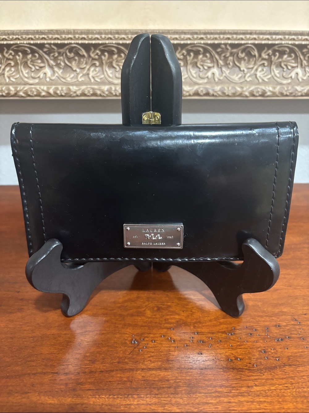 Lauren Ralph Lauren Black Leather Slim Card Case with Metal Logo Plate